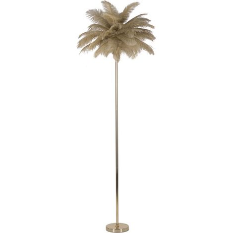 Lampada da terra Palm color cammello in metallo dorato con piume di struzzo