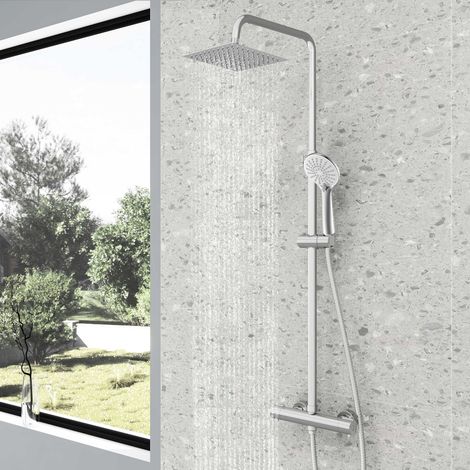 AICA Bathroom Mixer Shower Square Thermostatic Exposed Valve Twin Head Set Chrome With Round Handset (1/5)
