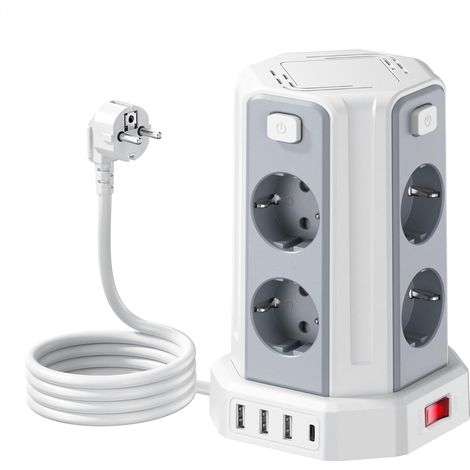 Multiprise avec Interrupteur 8 Prises 4 USB 2M Rallonge Electrique  3 USB-A + 1 USB-C , 4 Interrupteurs, 2500W Parafoudre, Pour Maison et Bureau (1/5)