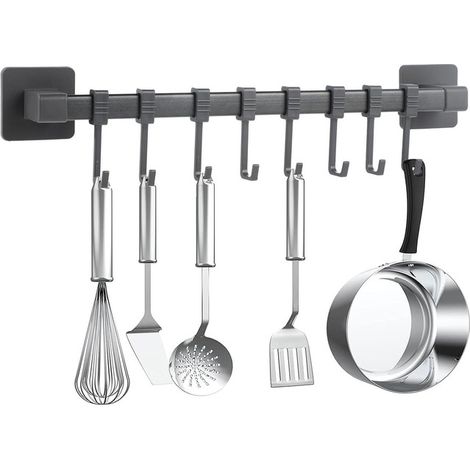 Étagère de cuisine avec crochets - crochets - Porte-ustensiles de cuisine - Étagère à ustensiles de cuisine - 8 barres à crochets - Noir - Acier au carbone/ABS (1/5)