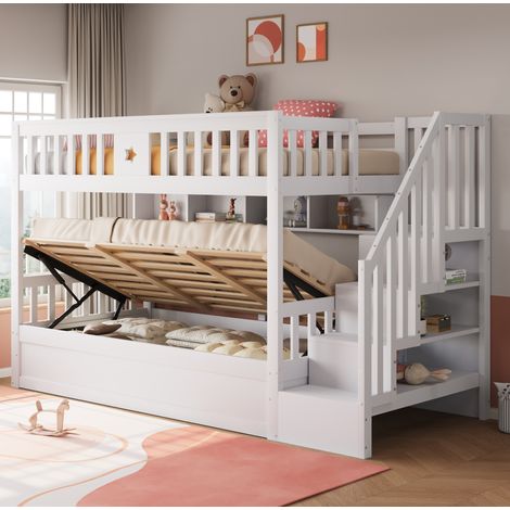Cama alta 90x200 cm con cama inferior hidráulica, escalera con almacenaje, estantes, madera blanca (1/5)