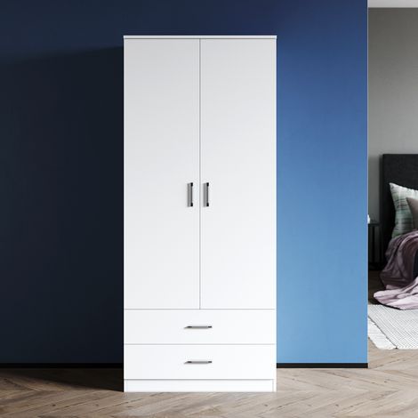 ELEGANT Soft Close Double 2 Doors Wardrobe with Shelves Bedroom Large Storage Wardrobe Includes Removable Hanging Rod White