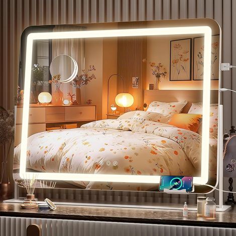 Hasipu Schminkspiegel mit Beleuchtung 65 x 54 cm, LED Kosmetikspiegel mit Handyhalterung und USB-Ladeanschluss, 360° Drehung Tischspiegel für Make-up Round Weiß