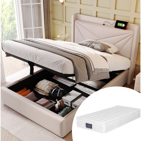 Einzelbett 90x200 cm Beige aus Baumwoll-Leinen mit Stauraum und USB-/Typ-C-Ladefunktion (1/5)