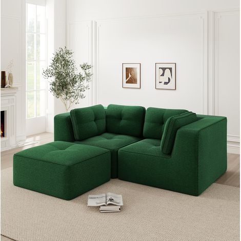 Sofá modular esquinero en L de 2 plazas con puf móvil, tela de pana verde HAVRYA (1/5)