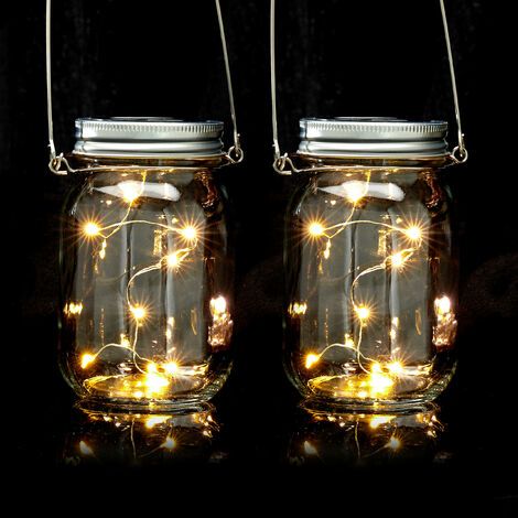 Relaxdays Solar Glas 2er Set, je 8 LED im Einmachglas, stellen oder hängen, Solarleuchte für den Garten, transparent (1/5)