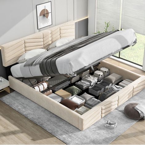 Letto con contenitore in velluto beige 180x200 cm, testiera regolabile, rete a doghe inclusa (1/5)
