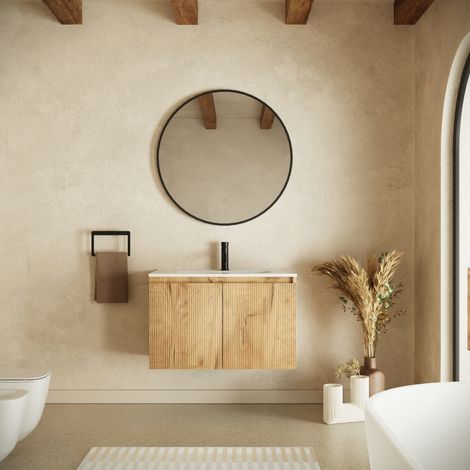 Meuble de salle de bain suspendu 60 cm deux portes chêne clair cannelé avec lavabo Pelion (1/4)