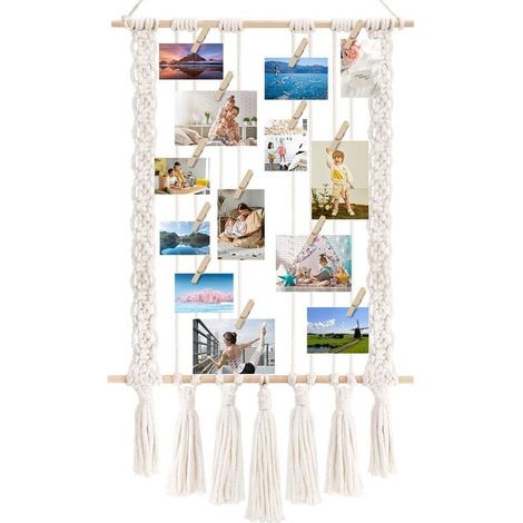 Présentoir Photo à Suspendre avec 30 Pinces en Bois, Support Mural en Macramé, Cadre Photo de Collage pour Décoration Bohème (1/5)