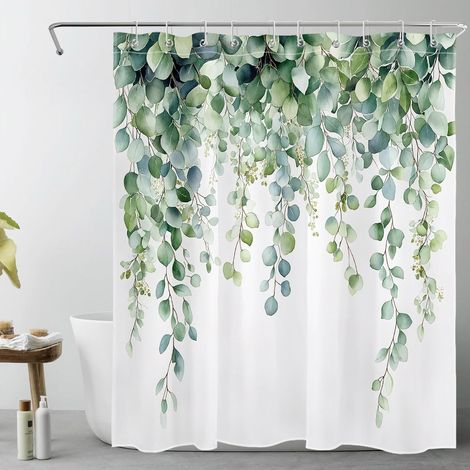 Feuille Verte Sage Rideaux de Douche 150x180cm Feuilles d' Eucalyptus Rideaux de Bain avec Crochets,Arbre Plantes Blanc Court Imperméable Polyester Anti Moule Salle de Bain Décor (1/5)