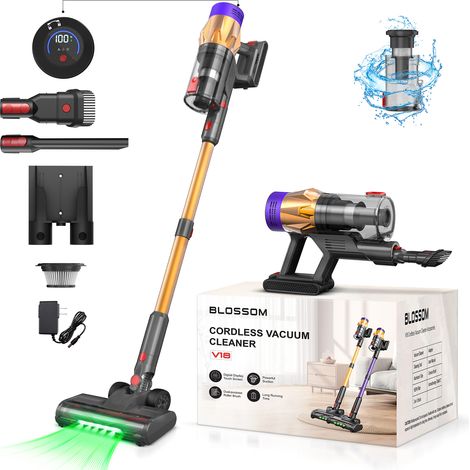 BLOSSOM Kabelloser Vertikalstaubsauger, 550 W, 60 Minuten Laufzeit, LED & Touchdisplay, Für Tierhaare, Teppiche und Hartböden - Gold (1/5)