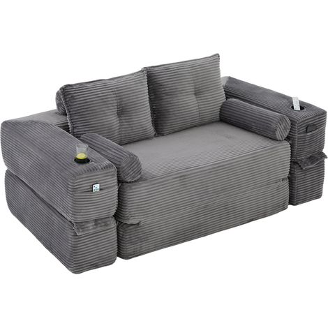 Sofá cama plegable de 2 plazas en pana gris oscuro con cojines y portavasos (1/5)