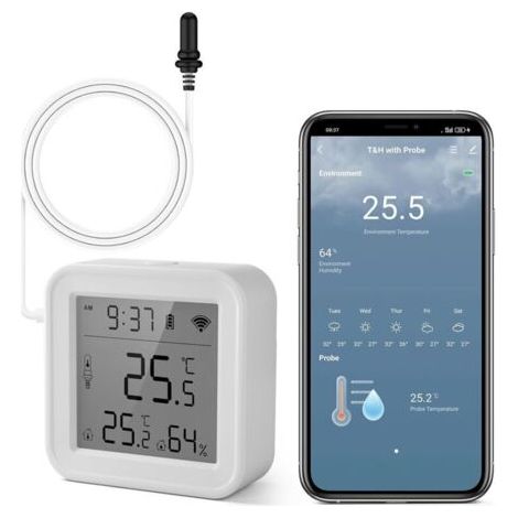 Thermometre Interieur, Smart Thermometre Frigo, App Monitor, Exportation Gratuite de Données ℉ / ℃, Hygrometre Wifi Pour Chambre de Bébé, Serre, Aquarium, Congelateur, Blanc 1 Pièce