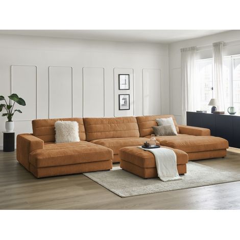 BOBOCHIC - Canapé panoramique fixe SIERRA tissu texturé avec pouf Orange (1/5)