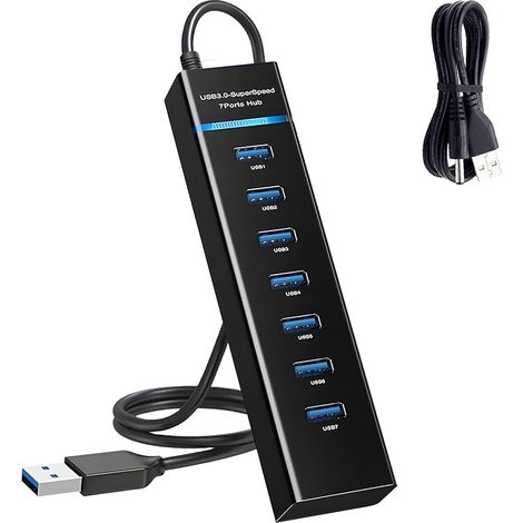 7 Port Hub USB 3.0 avec 120cm Câble et DC Câble USB Adaptateur Multiport avec USB 3.0 5Gbps Alimenté Concentrateur USB Multi-Port pour PC Laptop MacBook (1/5)