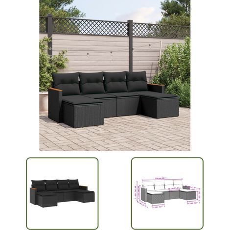 The Living Store Salon de jardin 6 pcs avec coussins noir résine tressée - Ensemble Salon De Jardin - Salon De Jardin Extérieur - Meuble De Jardin - Canapé De Jardin - Résine Tressée (1/3)
