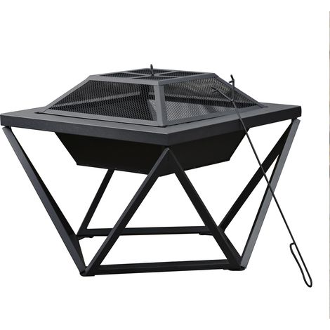Teamson Home Outdoor Wood Burning Fire Pit, Square Metal Garden Heater, Log Burner, Includes Lid & Poker - 60 x 60 x 52 (cm) - Black Geometric Design (1/5)