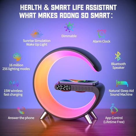 Lampe de chargement sans fil - Lampe d'ambiance intelligente, haut-parleur Bluetooth, chargeur sans fil, veilleuse LED - Lampe musicale, touche d'alarme et contrôle par application, ambiance de table (1/4)