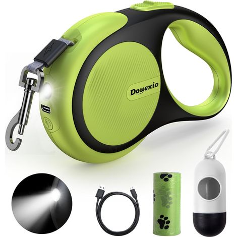 Laisse rétractable pour chien, 3/4,8 m, avec port USB, lumière LED et frein/pause à une main, pour chiens de petite et moyenne taille jusqu'à 30 kg. (1/5)
