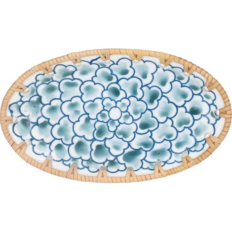 Ovaler Teller aus vietnamesischem Rattan, blau-florales Porzellan, kleiner dekorativer Teller mit marineblauem Blumenmuster (1/5)