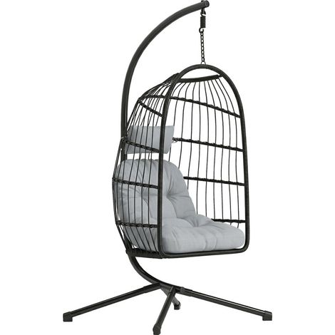 Fauteuil œuf suspendu pliable en résine tressée avec support, coussin 15 cm et appui-tête, gain de place, 101 x 105 x 196 cm, gris (1/5)