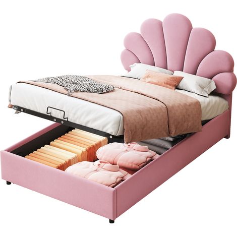 Letto Bambino 90x200 cm in Velluto, Letto Singolo con Testiera Floreale Regolabile e Contenitore Idraulico, senza Materasso, Rosa (1/5)