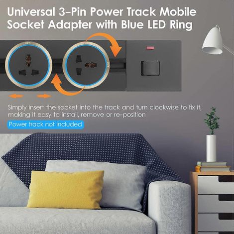 Prise murale coulissante universelle avec adaptateur 3 broches, prise électrique mobile sur rail, sortie encastrable à anneau LED bleu, pour maison et bureau (1/5)