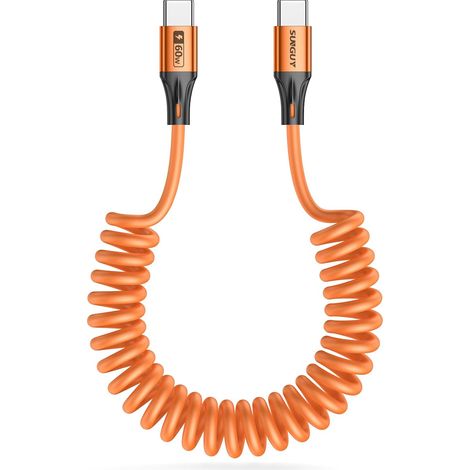 Câble spiralé USB C vers USB C, 2 pièces de 1,8 m【0,5 m-1,2 m】 Câble de recharge 60 W pour Android Auto, 17 16 15 Pro Max, Galaxy S24/S23, Google Pixel, iPad Pro, MacBook (orange) (1/5)