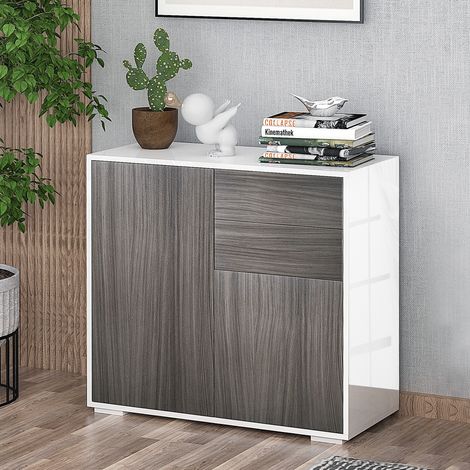 Buffet de cuisine HOMCOM avec 2 portes, 2 tiroirs, structure blanche brillante, étagère réglable, ouverture par simple pression, idéal pour la chambre ou le salon, 79 x 36 x 74 cm, gris