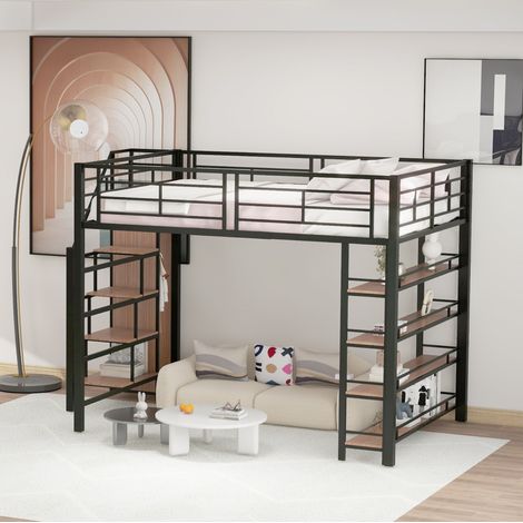 MODFU – Cama alta para adultos 140x200 cm de metal/MDF con escalera de almacenamiento, ropero, estantes, barandillas altas y peldaños antideslizantes – Negro (1/5)