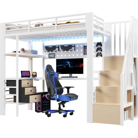 Lit mezzanine métal 90x200 cm avec bureau, éclairage led, prise électrique, étagère et tiroir de rangement, panneau perforé en mdf, blanc (1/5)
