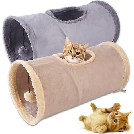 Lot de 2 tunnels pliables en daim résistant pour chat, avec cachette bruissante et jouet à balle, coloris kaki et gris. (1/4)