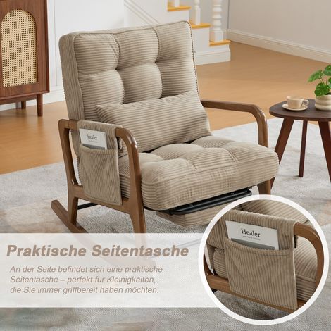 Fauteuil à bascule moderne avec repose-pieds, fauteuil bébé en velours côtelé avec poches latérales, chaise lounge ergonomique avec coussin lombaire et dossier inclinable – pour salon, chambre et cham (1/5)