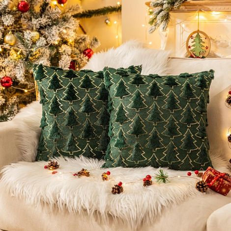 Housses de Coussin Déco en Sapin de Noël Vert 18x18, Housses de Coussin Déco en Paillettes Fausse Fourrure Douces pour Canapé, Convertible, Lit, Chambre à Coucher (Housses de Coussins Déco de Fêtes) (1/4)