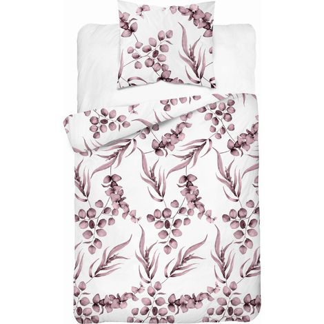 Parure de lit en coton 140x200 cm, motif fleurs et feuilles, bruyère rose (1/3)