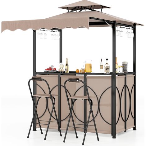 Tonnelle de Barbecue 3 Pcs Extérieur avec Auvent, Gazebo de Grill à Double Toit avec Table de Bar 2 Chaises Pliables Étagères de Rangement, Beige (1/5)