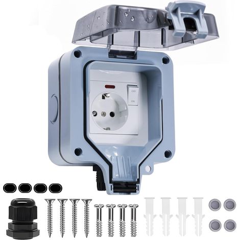 Prise extérieure étanche IP66, 1 voie avec interrupteur, témoin lumineux, prise extérieure, prise murale en saillie, 16 A, prise de jardin avec couvercle à clapet pour l'extérieur humide (1/5)