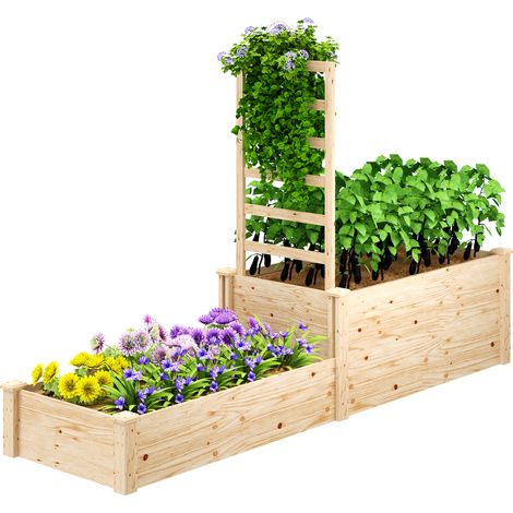 Hochbeet mit 2 Fächern, offenem Boden, inklusive Rankgitter, für Balkon, Terrasse, Patio, 222 x 63 x 132 cm, Naturholzoptik