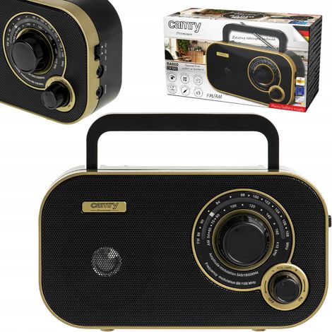 Radio portatile FM/AM con antenna telescopica alimentata a batteria e jack per cuffie.