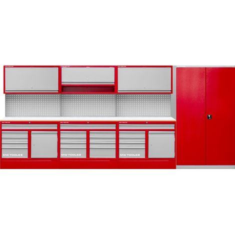 Mw Tools – Mobilier d'atelier 4,4m avec armoire de rangement en acier – 4 étagères réglables – Verrouillage par clé – PRACO3559K