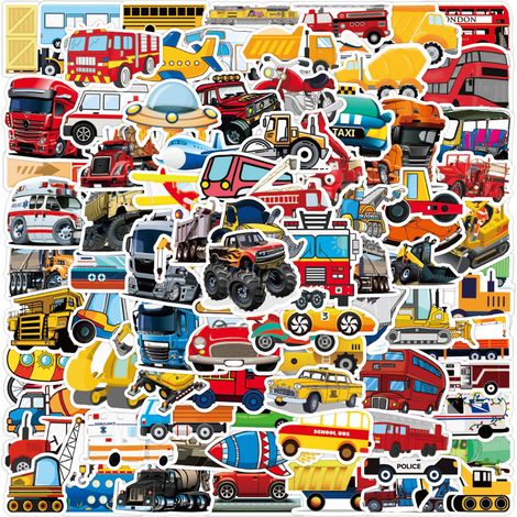 100 autocollants de voitures jouets de dessin animé, véhicules, tracteurs de chantier, autocollants en vinyle imperméables pour bouteilles d'eau, ordinateurs portables, ordinateurs, voitures (1/5)