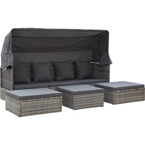 vidaXL Tumbona cama jardín con techo ratán sintético gris (1/2)