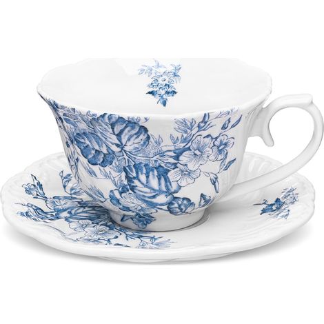Ensembles vintage tasse et soucoupe, tasses à thé en porcelaine à fleurs bleues, tasse à café et assiette élégantes pour goûter, 250 ml (1/5)