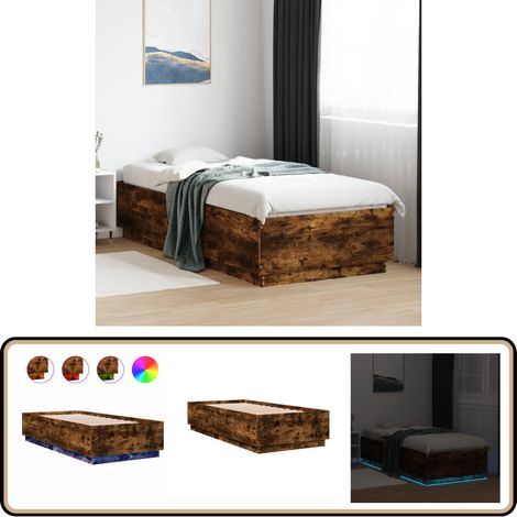 Bettgestell mit LED Räuchereiche 100x200 cm Holzwerkstoff - Holzbettfassad - Bettrahmen - Schlafzimmermöbel - Rauchfarbenes Möbelstück - LED-Bettgestell (1/5)