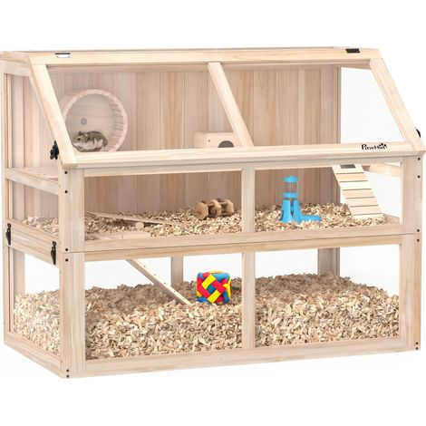 Hamsterkäfig aus Holz 3 Etagen Nagerkäfig Kleintierkäfig mit Wippe Laufrad Hütte 95 x 53 x 76 cm Naturholz (1/5)