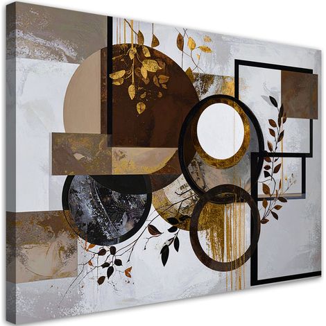 Impression sur Toile, Abstraction géométrique de cercles et de feuilles en marron,30x20 (1/4)