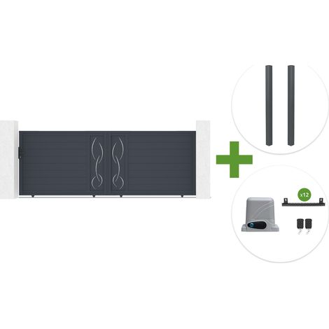 Portail coulissant 4m LIFE H.140cm aluminium gris + 2 poteaux ELDA + motorisation Ranger C300 (1/5)