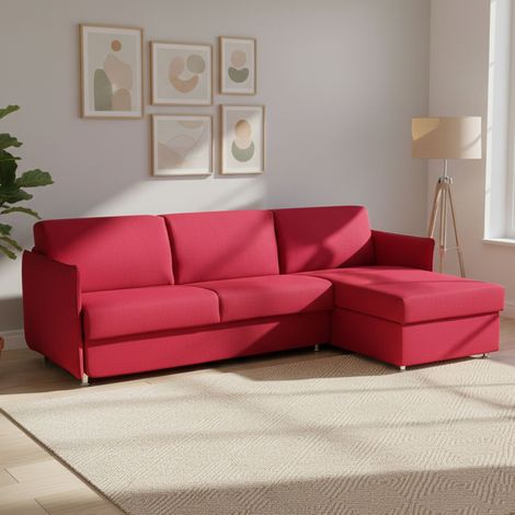 Sofá Cama con Chaise Longue Scordia, Desenfundable, Almacenaje Made in Italy, Repelente Agua, Multiposición, Convertible en Cama, 260x160 cm Rojo (1/5)
