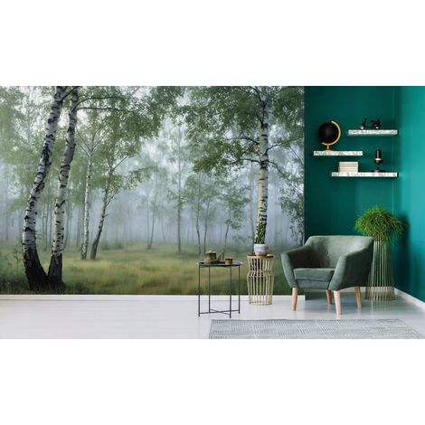 Fototapete Birkenwald Bäume Grün 3D-Optik, für Wohnzimmer und Schlafzimmer, 350 x 250 cm – Komplettset inkl. Kleister & Anleitung (1/5)