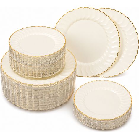 Assiettes jetables bord dentelle beige liseré or rose, lot 20 pièces plastique 19 et 25,4 cm, mariage fête (1/5)